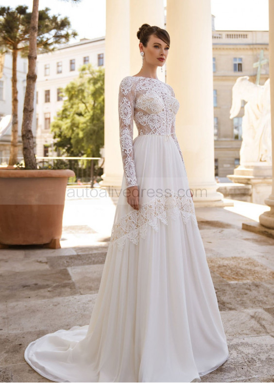 Ivory Lace Chiffon Boho Beach Wedding Dress